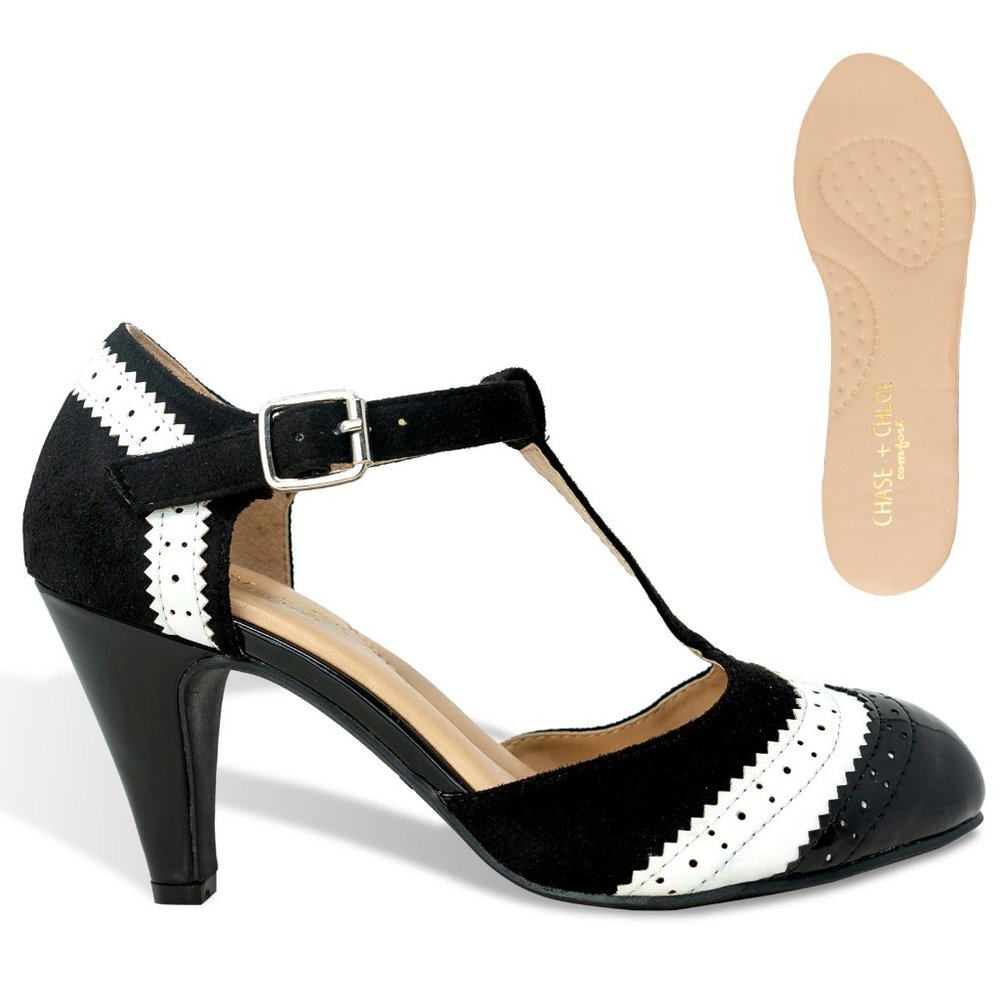 Chase + Chloe Black and White T-Strap Brogue Heel